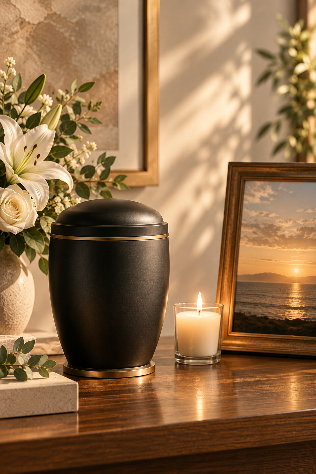 A black urn with a gold band on a wooden surface next to a lit white candle in a glass holder, a bouquet of white flowers and greenery, a framed sunset photograph of the ocean, and a decorative piece on the left side.