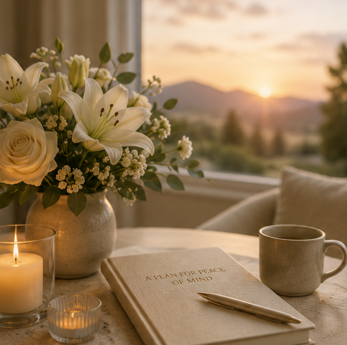 A cozy scene with a bouquet of white lilies, roses, and baby's breath in a beige vase on a table, near a lit candle and a small votive, with a notebook titled 'A Plan for Peace of Mind' and a pen, a gray coffee mug, and a window showing a sunset over a landscape.