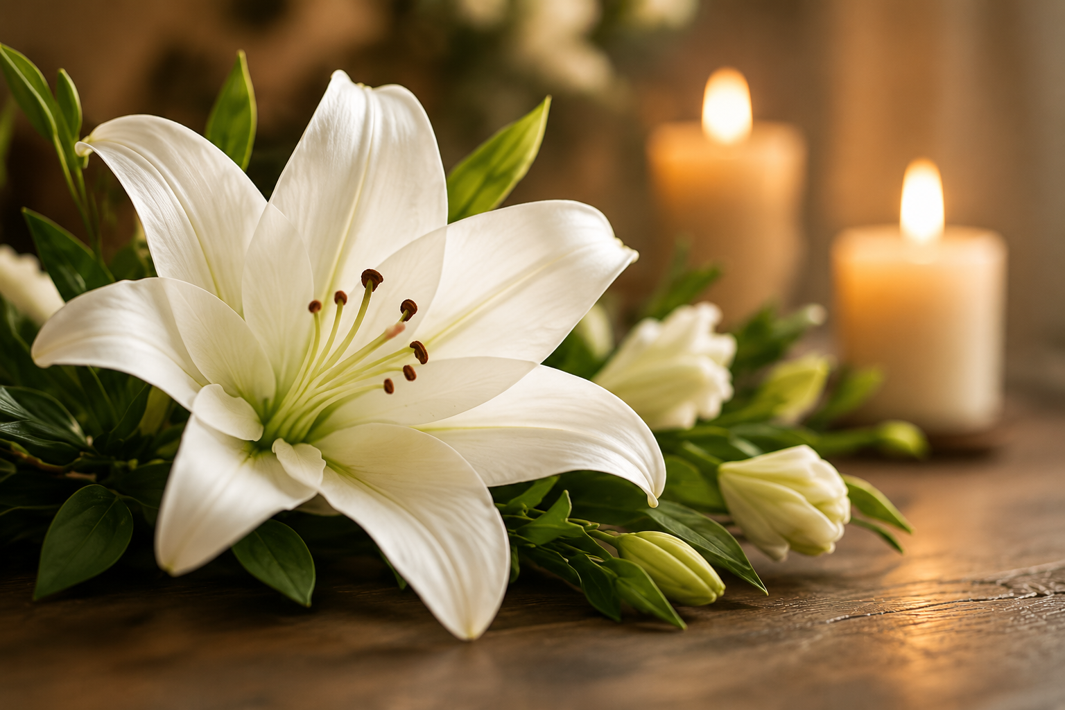 A white lily flower with green leaves, with two lit candles in the background, on a wooden surface.