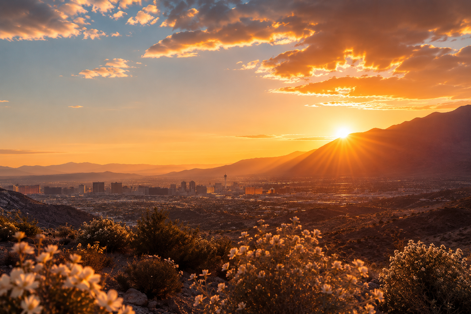 Sunset over the city with mountains in the background, as the sun sets behind the mountains casting rays across the sky, while desert plants are in the foreground.