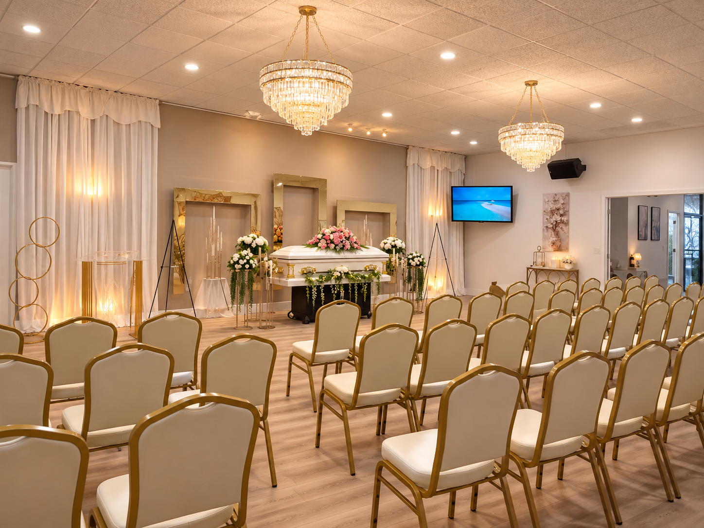 An elegant funeral home or memorial service room with rows of cream-colored chairs, a casket decorated with pink and white flowers, chandeliers hanging from the ceiling, and a wall-mounted flat-screen TV showing a beach scene.