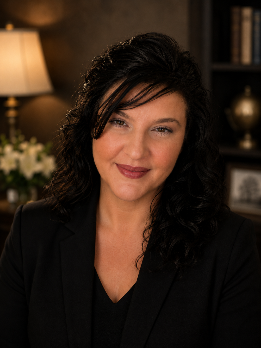 Funeral Director, Kristen Anderson, wearing a black blazer, smiling softly at the camera in an indoor setting with a dark background, a lamp, flowers, and books.