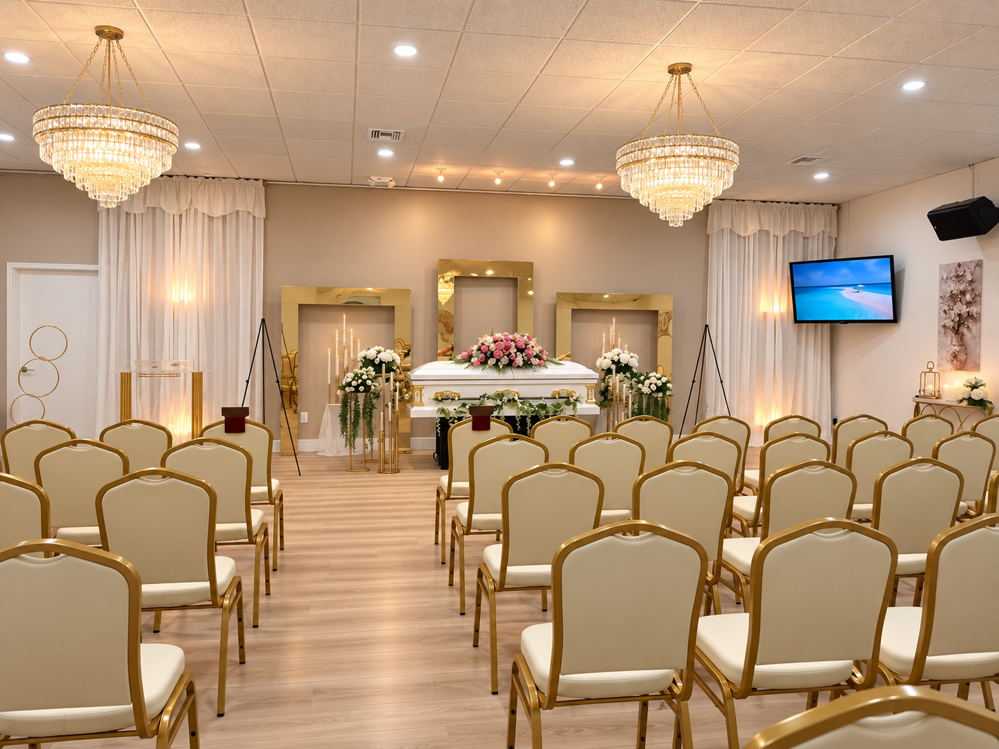 An elegant funeral or memorial service room with rows of beige chairs, a casket decorated with pink and white flowers, chandeliers, and soft lighting.
