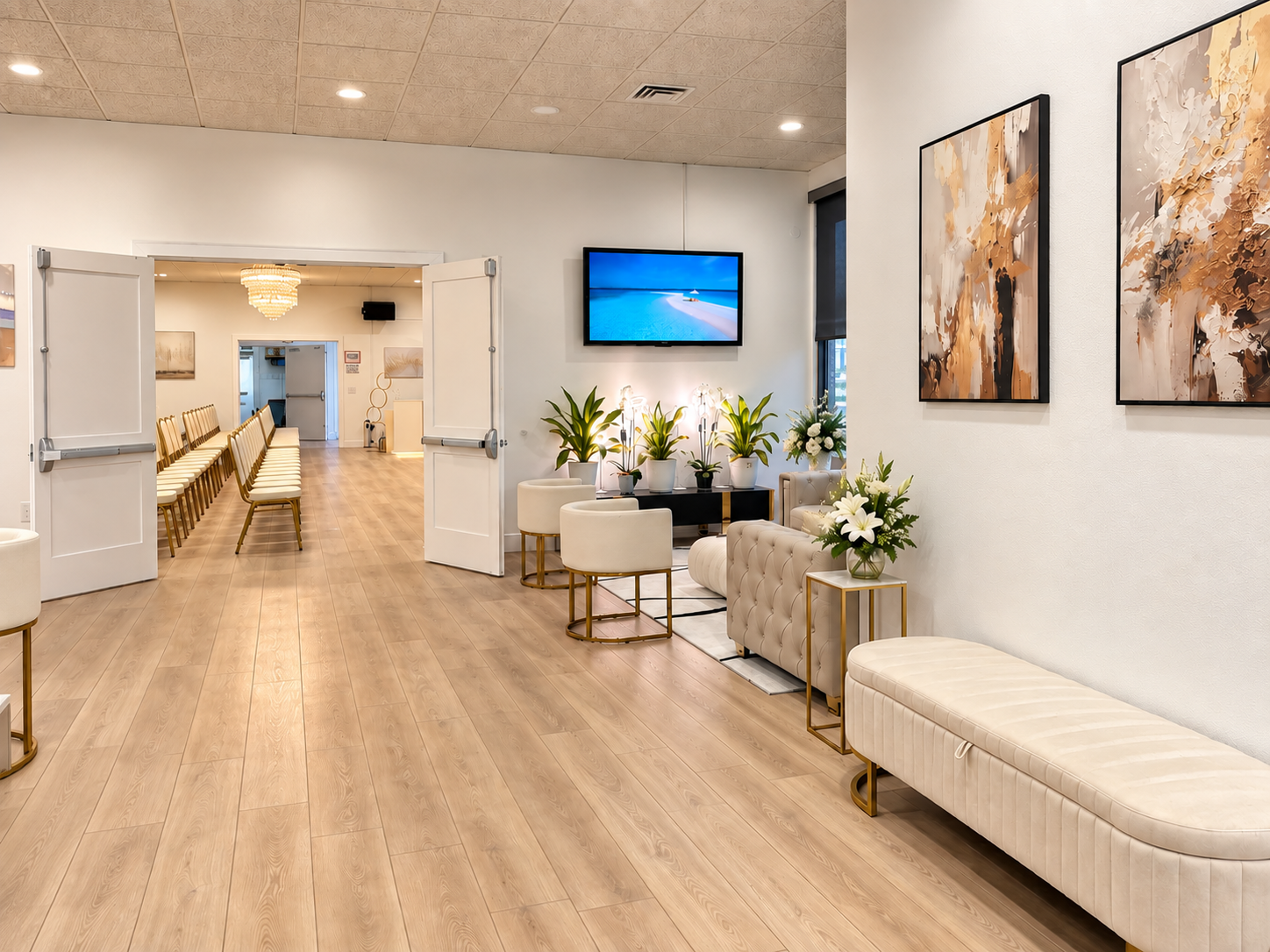 Modern waiting room with cream-colored furniture, potted plants, wall art, a mounted TV, and a hallway with chairs.