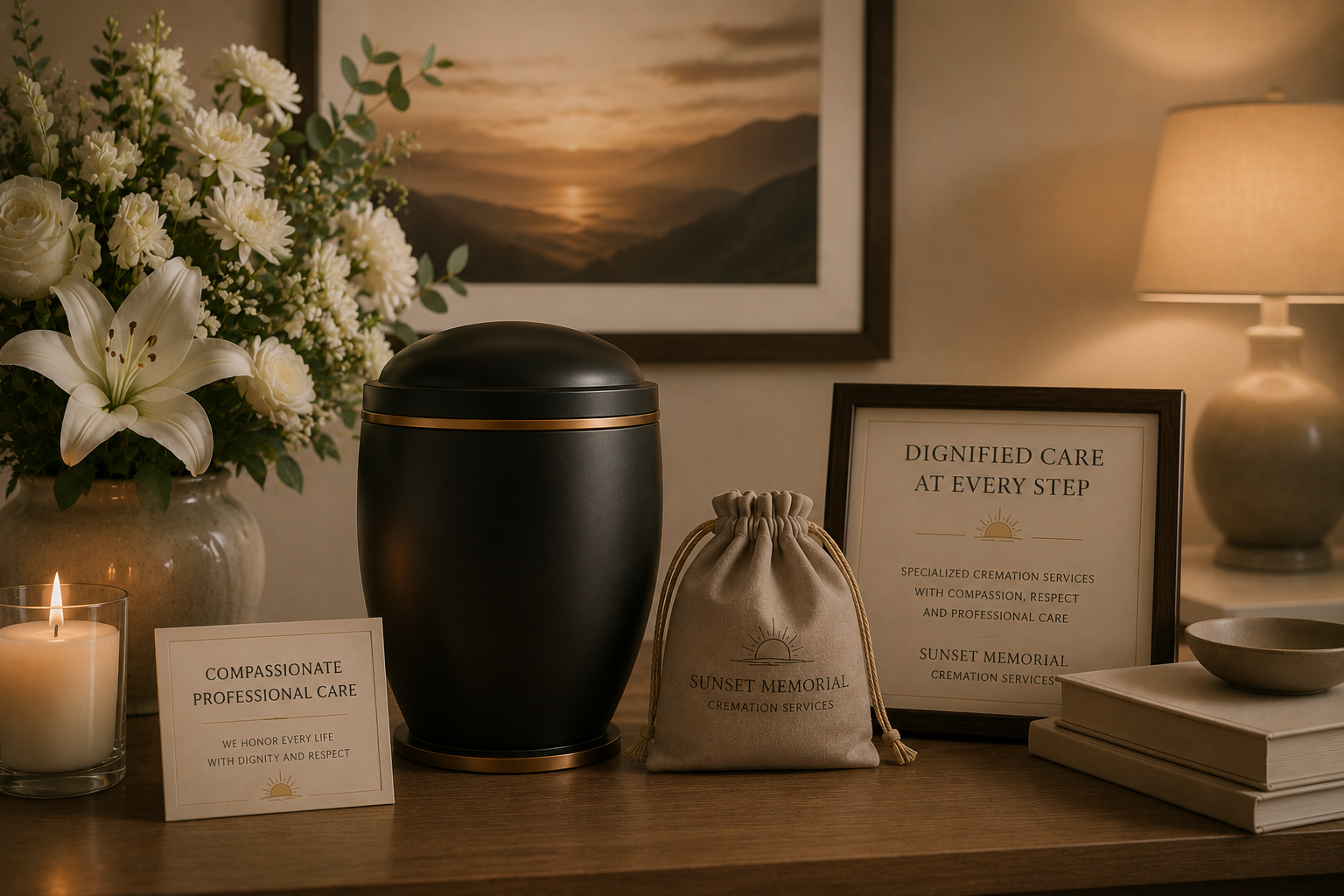 Memorial table with a large floral arrangement, a black urn, a framed sign reading "Dignified Care at Every Step," a smaller sign saying "Compassionate Professional Care," a candle, a drawstring bag with "Sunset Memorial Cremation Services," and a stack of books with a bowl on top. In the background, there is a landscape painting and a lit table lamp.