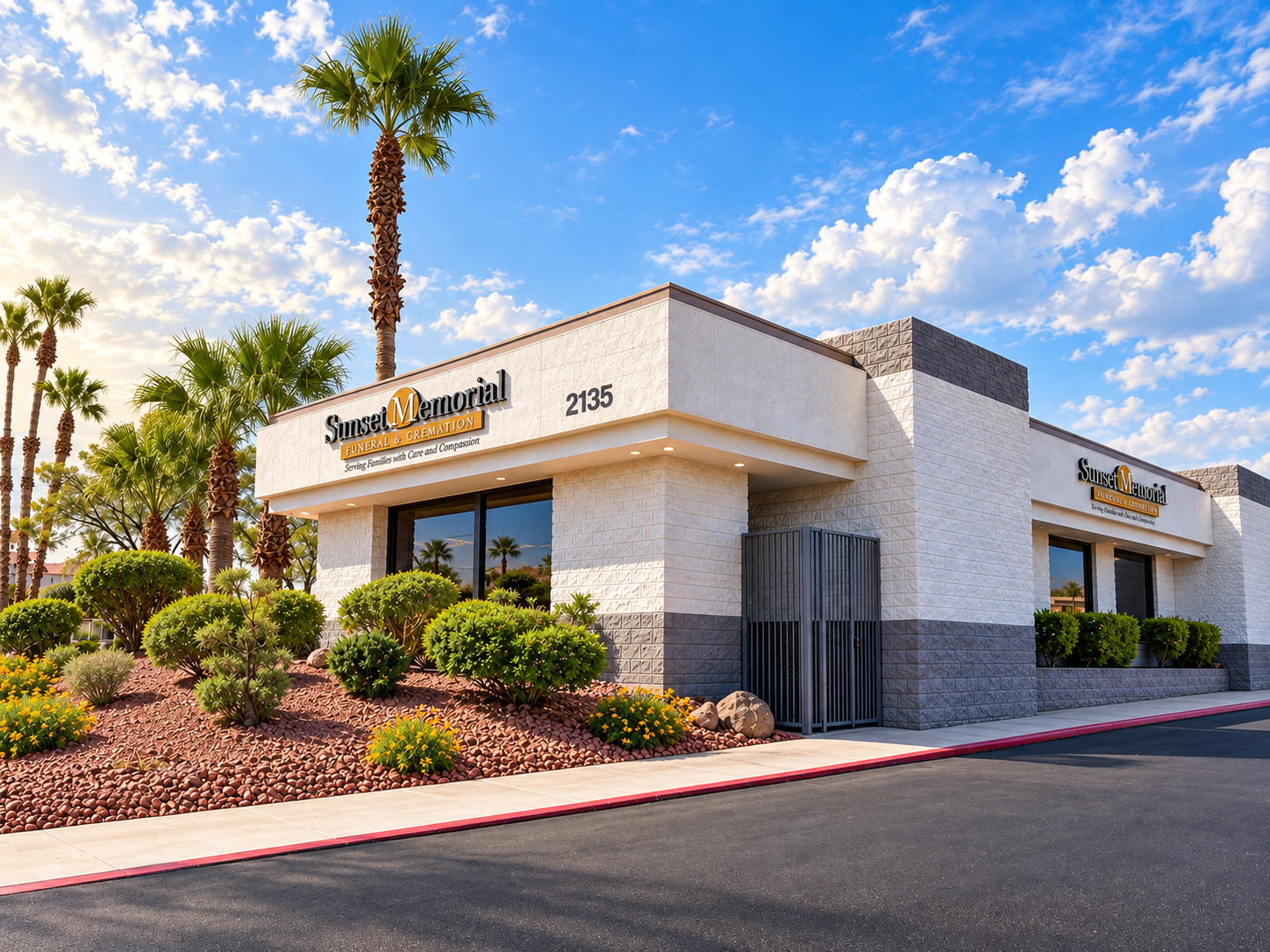 Exterior view of Sunset Memorial Funeral & Cremation at 2135, with desert landscaping, palm trees, and a bright blue sky with clouds.