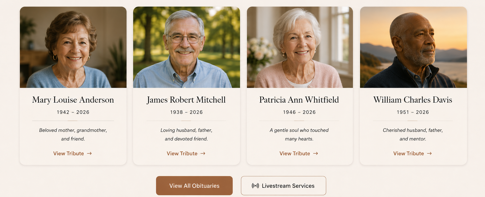 Obituary page for four individuals with their photographs, names, birth and death years, and brief descriptions, with options to view tribute and services for each.