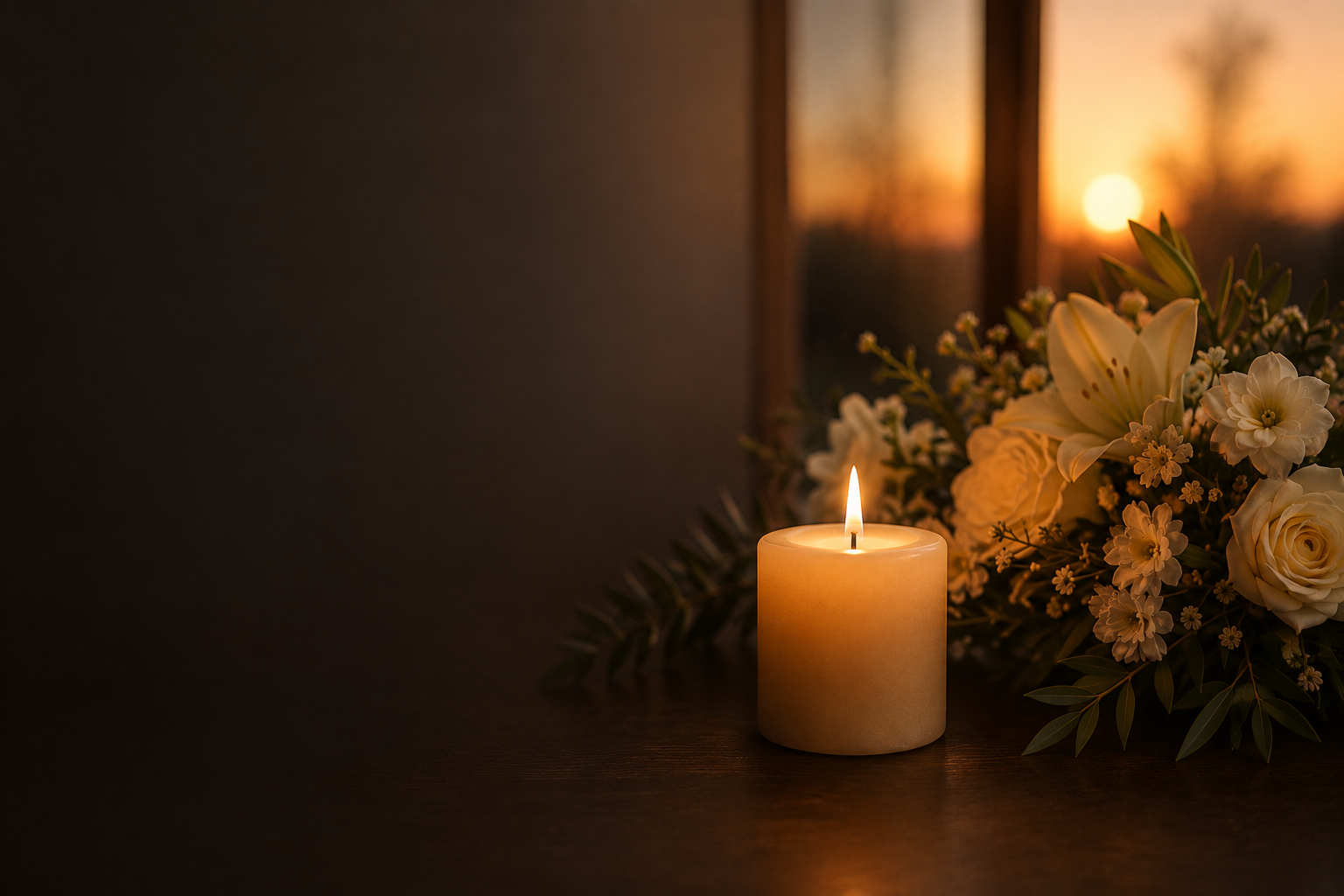 A lit candle on a wooden surface with a bouquet of white flowers, and a sunset view through a window in the background.