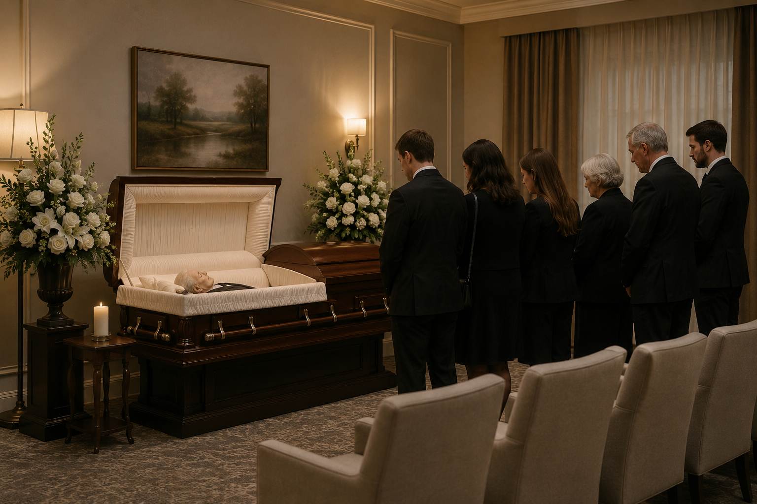 A group of six people dressed in black funeral attire standing in mourning at a funeral home, paying their respects to an elderly person lying in an open casket surrounded by white flowers and candles.