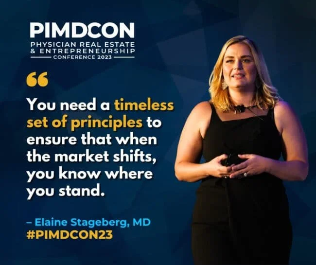 A woman stands on stage at the PIMDCON conference, with a quote displayed behind her about principles in market shifts, attributed to Elaine Stageberg, MD. The background is dark blue with the event title and hashtag.