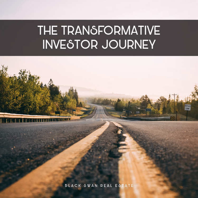 Long straight road leading into the distance, surrounded by trees and hills, with the title "The Transformative Investor Journey" and "Black Swan Real Estate" at the bottom.