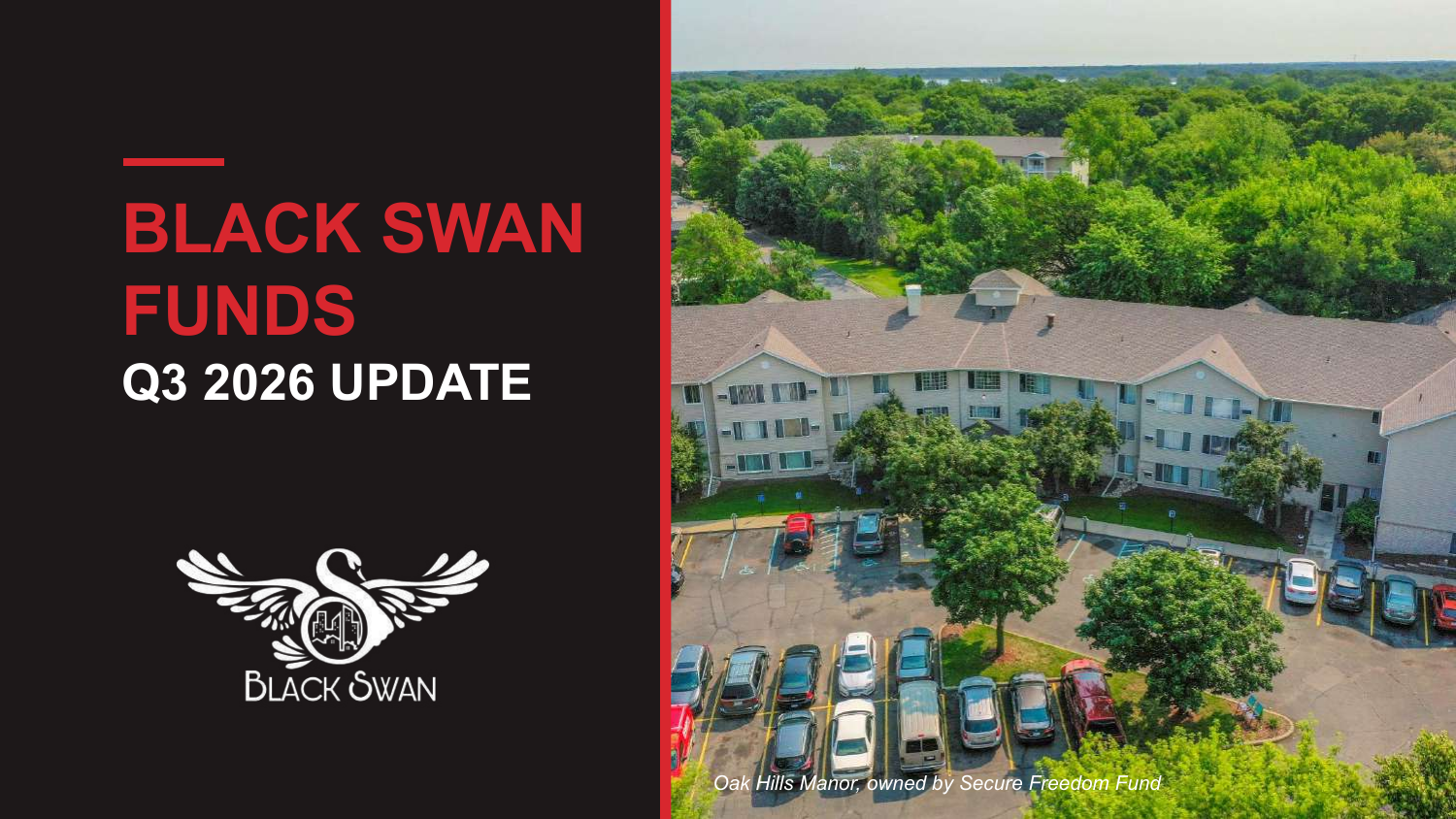 Cover page of a report titled "Black Swan Funds Q3 2026 Update" with a logo of a swan with wings spread, the text "Black Swan" below, and an aerial view of Oak Hills Manor, a residential building surrounded by parking lots and green trees. The caption reads "Oak Hills Manor, owned by Secure Freedom Fund."