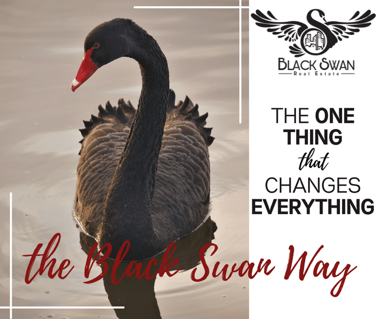 A black swan with a red beak swimming on a body of water, with a logo and text promoting Black Swan Real Estate and the concept that one thing can change everything, emphasizing 'the Black Swan Way.'