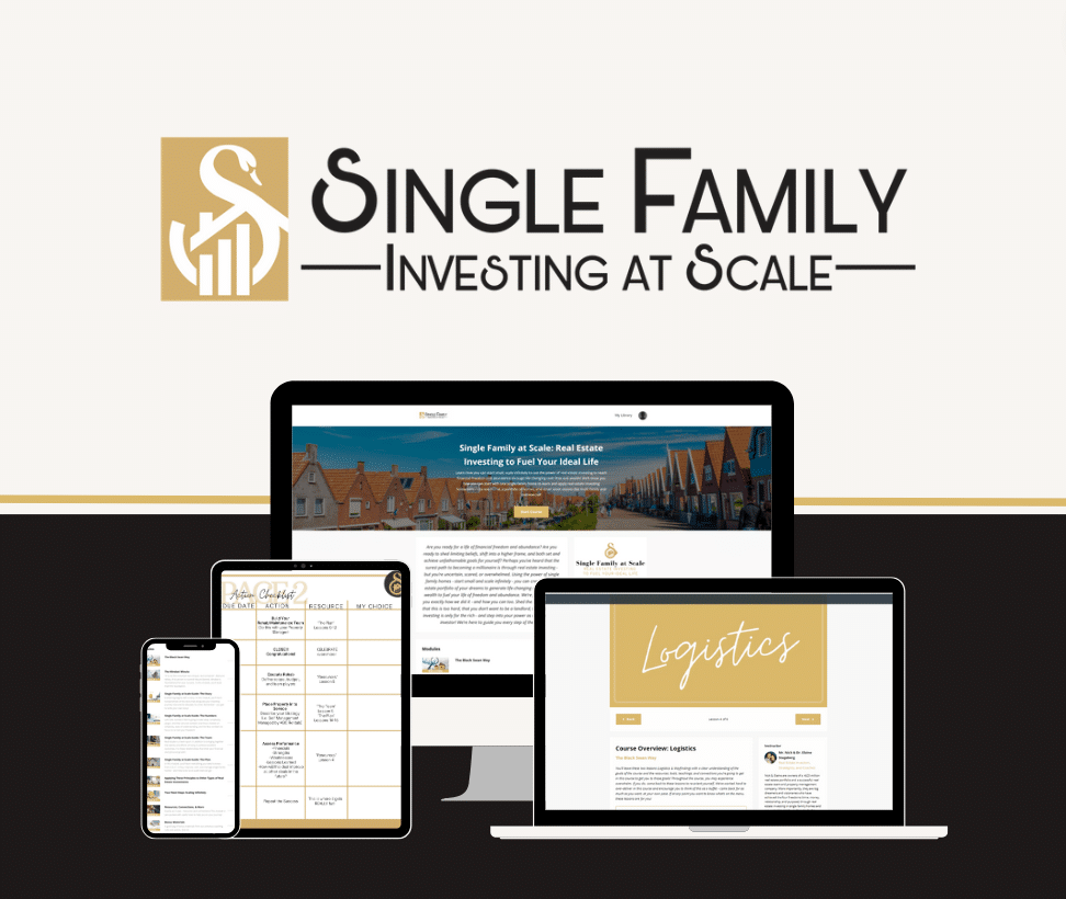 Logo for Single Family Investing at Scale with a stylized 'S' and bar chart, and various screens showing real estate course content on laptops and phones.