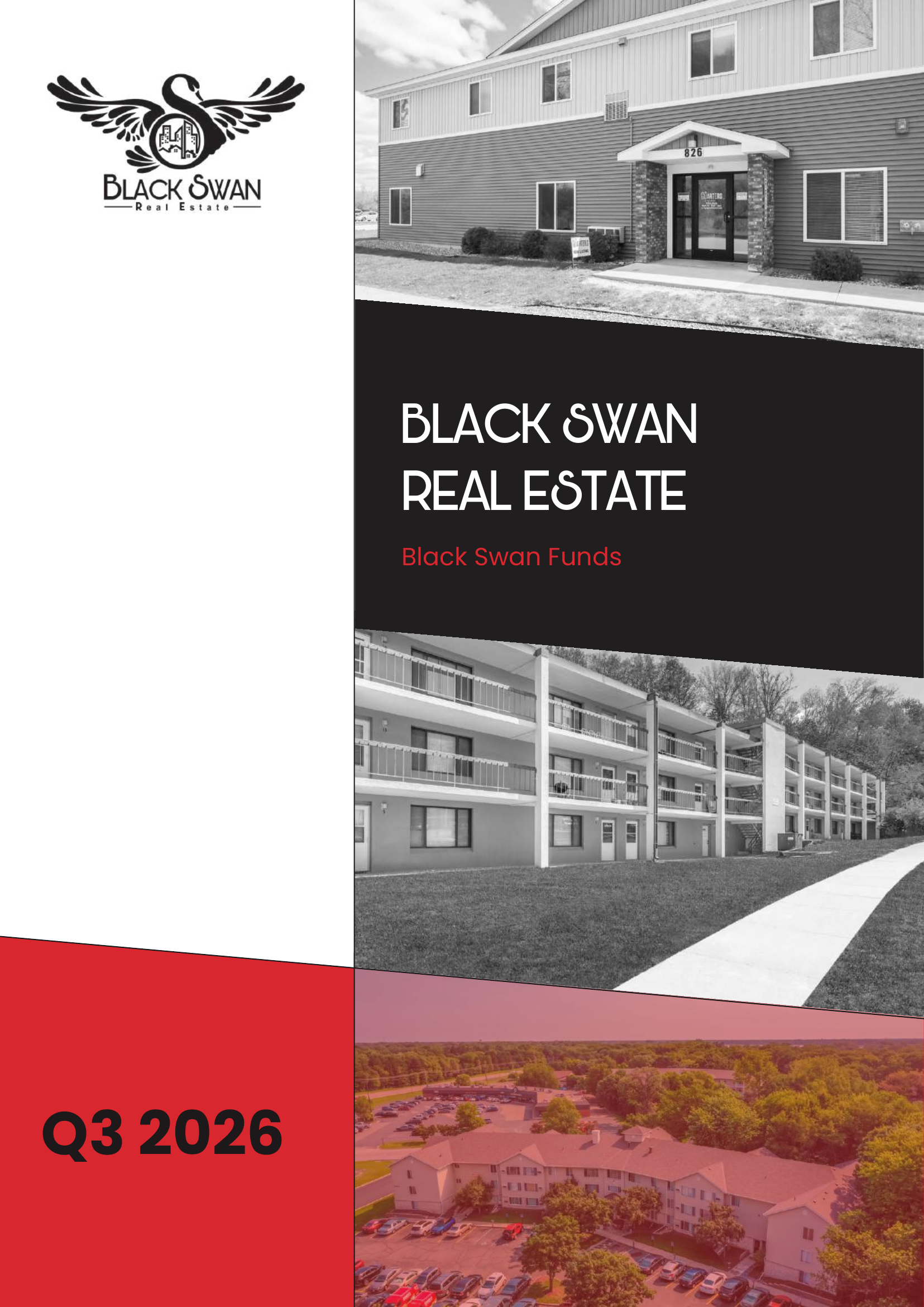 A collage of images with the Black Swan Real Estate logo featuring a black swan and a city skyline, and photos of various residential buildings, including a house, apartment complexes, and a parking lot, with a report cover indicating Q3 2026.