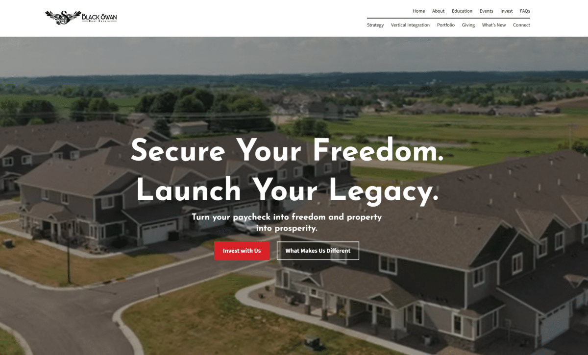 Aerial view of a residential neighborhood with modern houses and green fields in the background, featuring the Black Owan Realty & Associates website homepage.