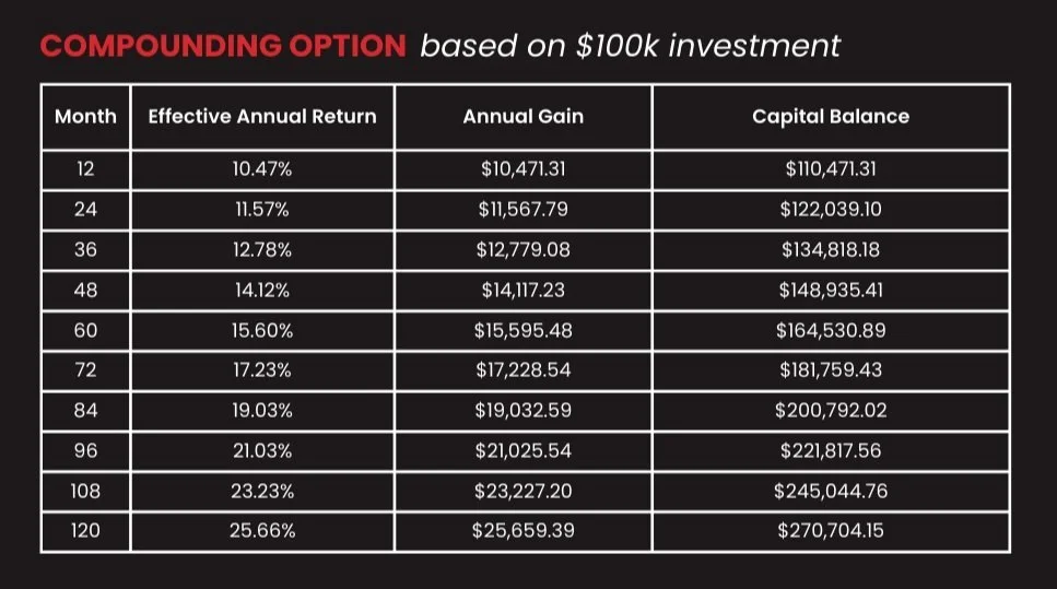 Table showing compound interest options based on a $100,000 investment, with columns for months, effective annual return, annual gain, and capital balance for various time periods from 12 to 120 months.