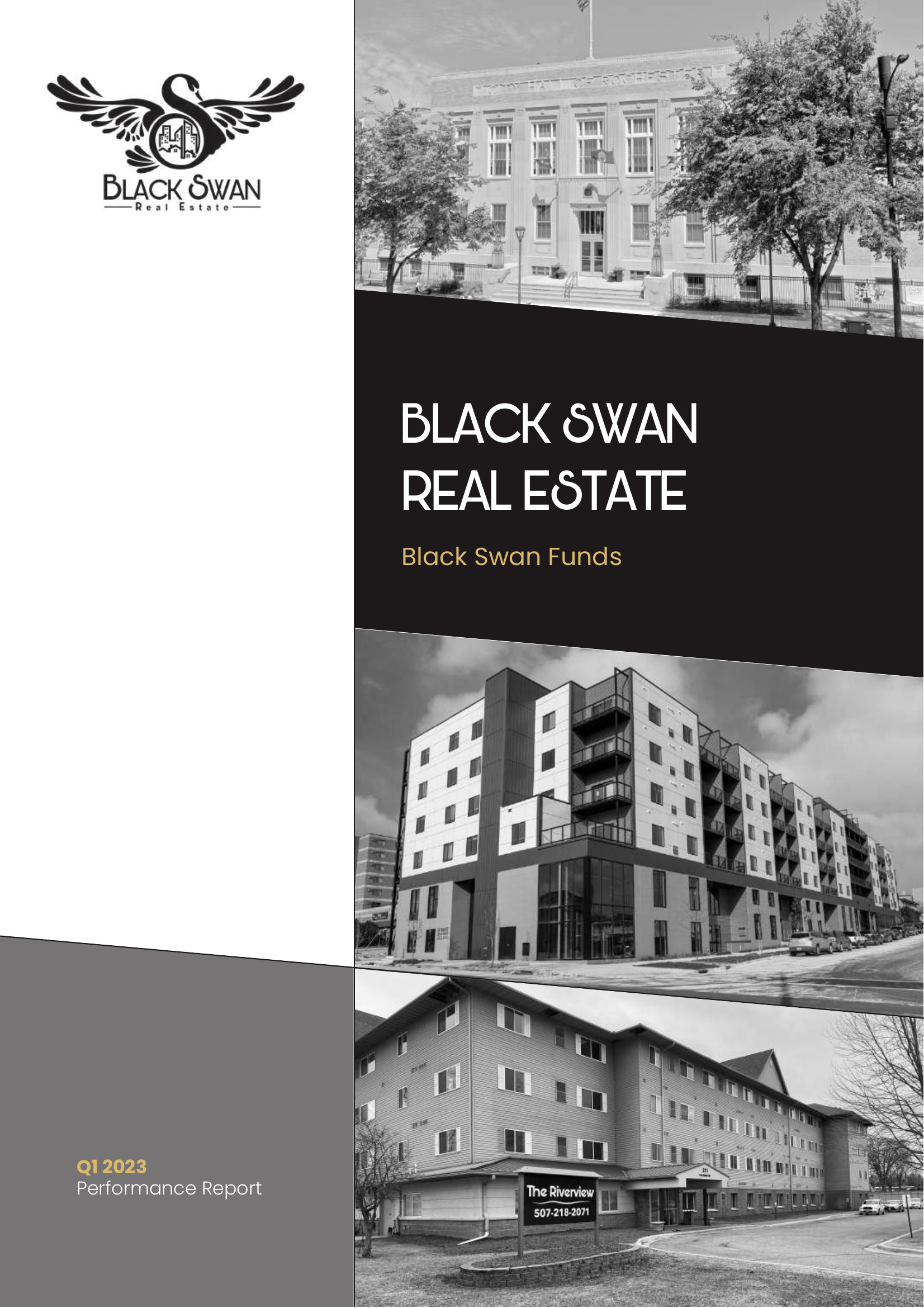 Black Swan Real Estate logo featuring a swan with wings spread, exterior of a historic building with trees, modern apartment complex, and a senior living facility called The Riverview with a sign displaying a phone number, in black and white.
