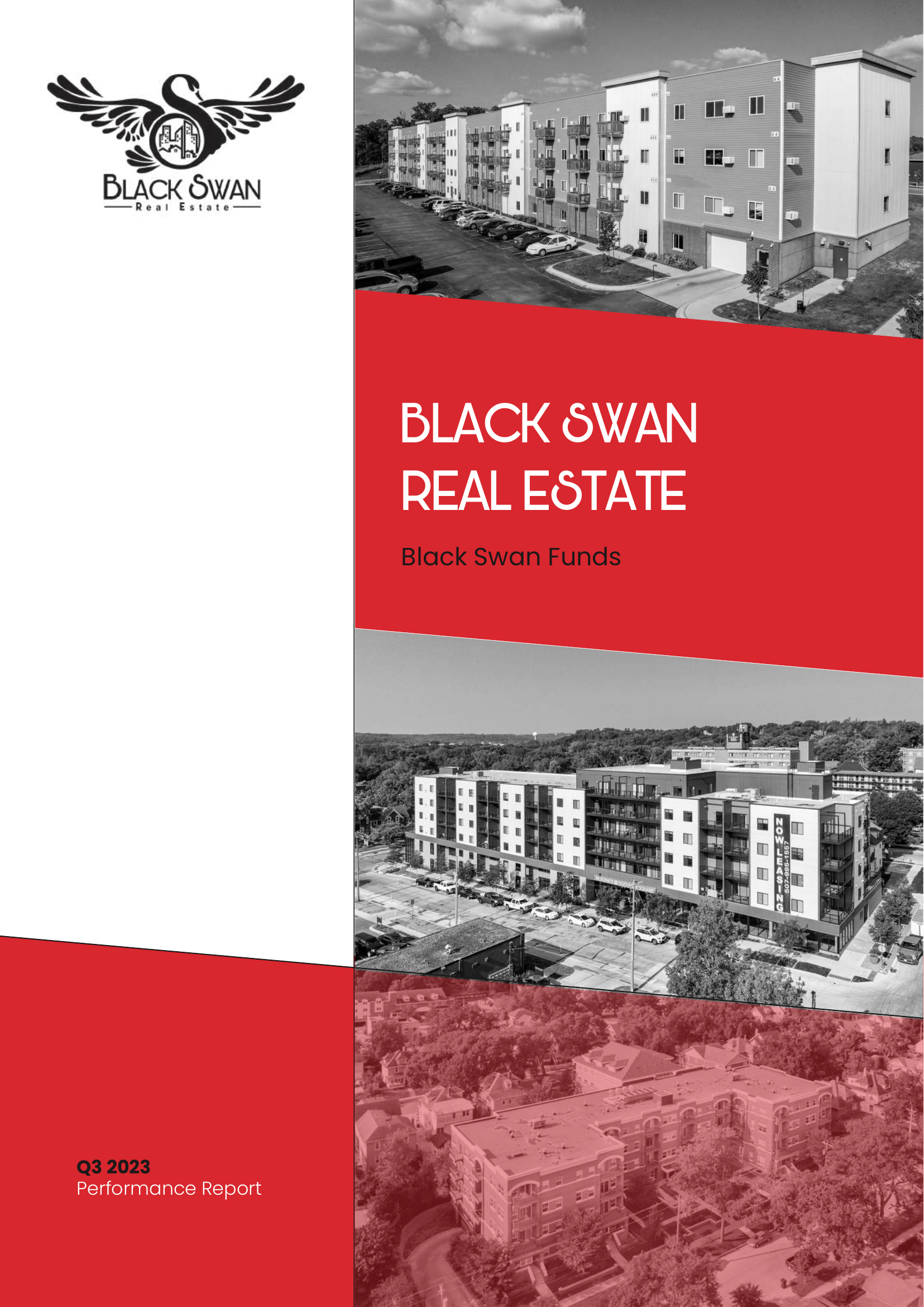 Cover page of Black Swan Real Estate Q3 2023 Performance Report showing black-and-white photos of apartment buildings and a logo with a black swan.