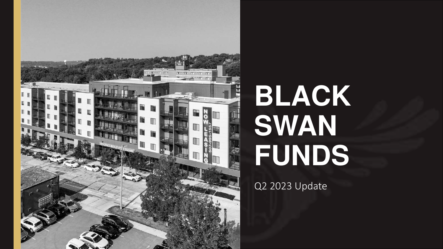Cover slide of a presentation titled 'Black Swan Funds' with a black background and white text, featuring a black and white photo of a residential building and parking lot.