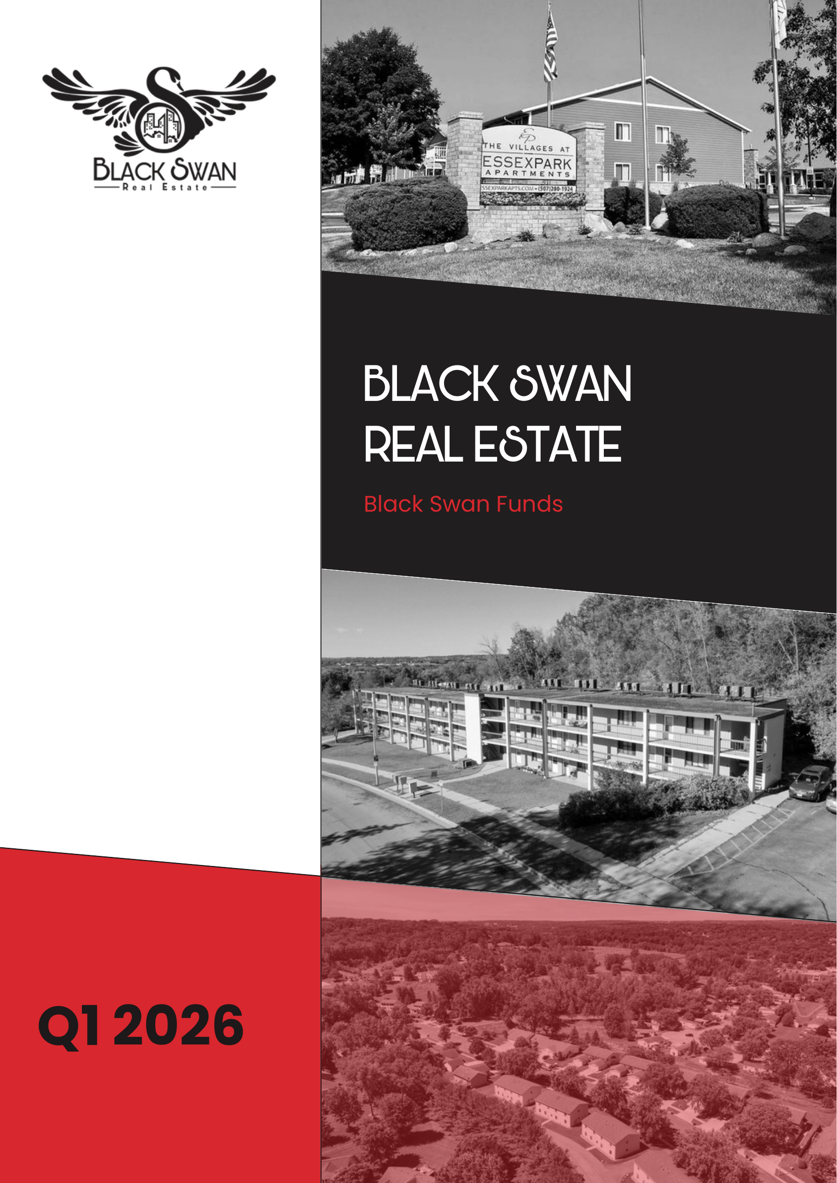 A promotional flyer for Black Swan Real Estate, featuring the company's logo with a black swan and city skyline, alongside images of apartment buildings, a residential neighborhood, and a rural area, with text indicating Q1 2026.