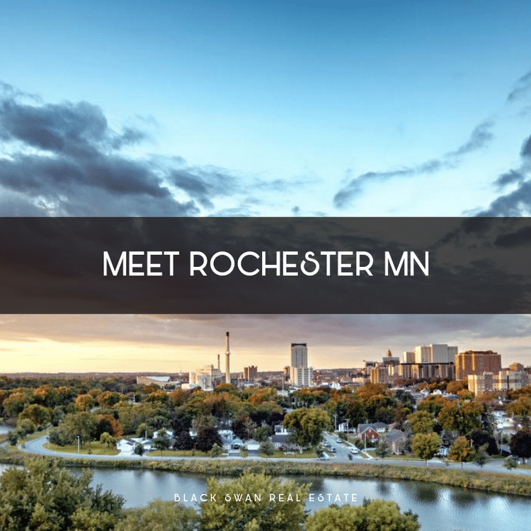 A skyline view of Rochester, Minnesota, taken during early evening with a river in the foreground and a partly cloudy sky, advertising real estate services by Black Swan Real Estate.