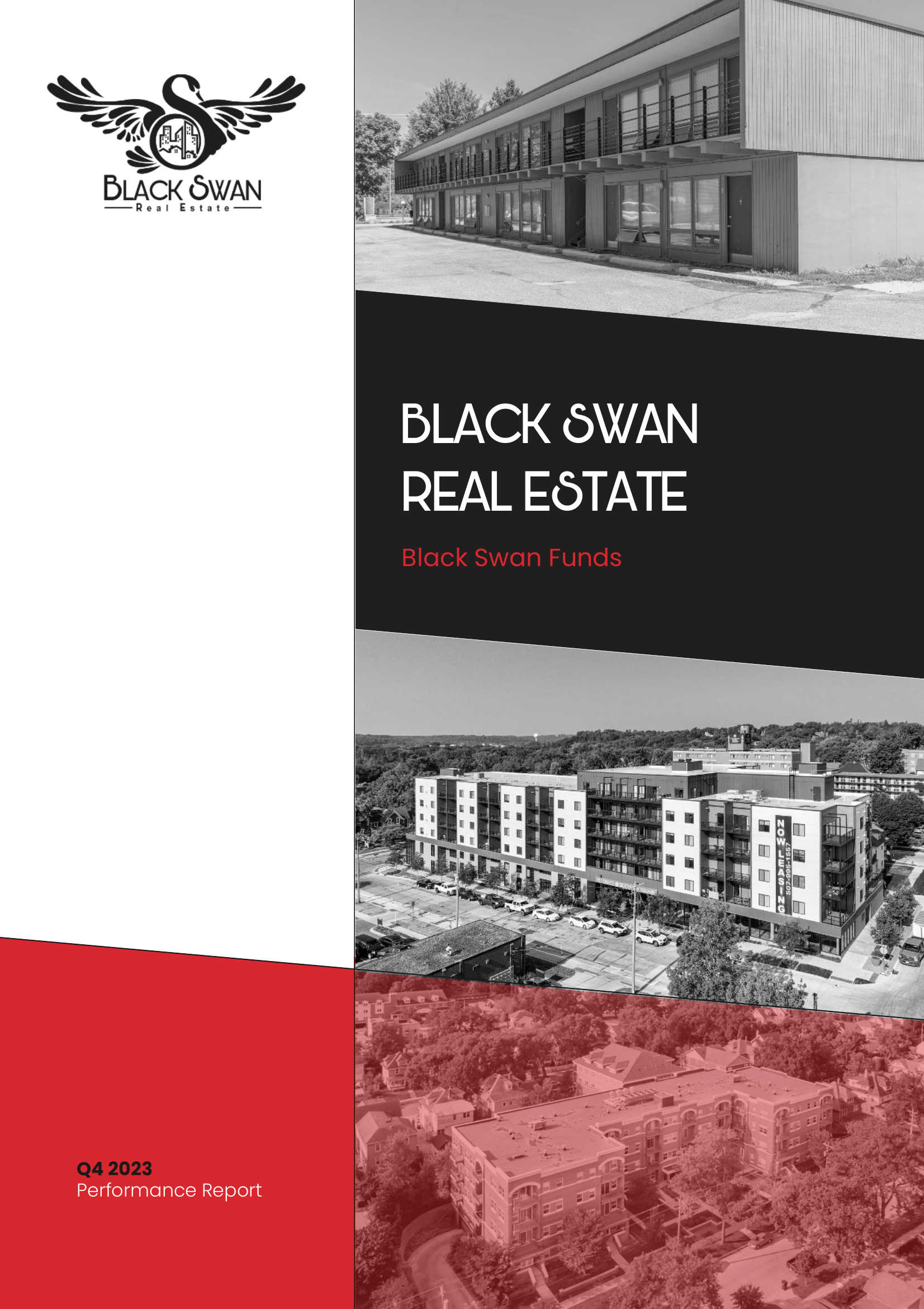 Cover page of Black Swan Real Estate Q4 2023 Performance Report featuring black and white photos of modern apartment buildings.