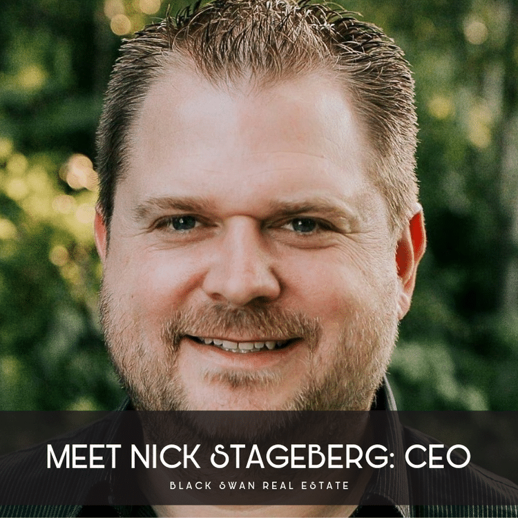 A smiling man with short hair and a beard, wearing a dark shirt, outdoors with a blurred green background. Text overlay: 'Meet Nick Stageberg: CEO, Black Swan Real Estate'.