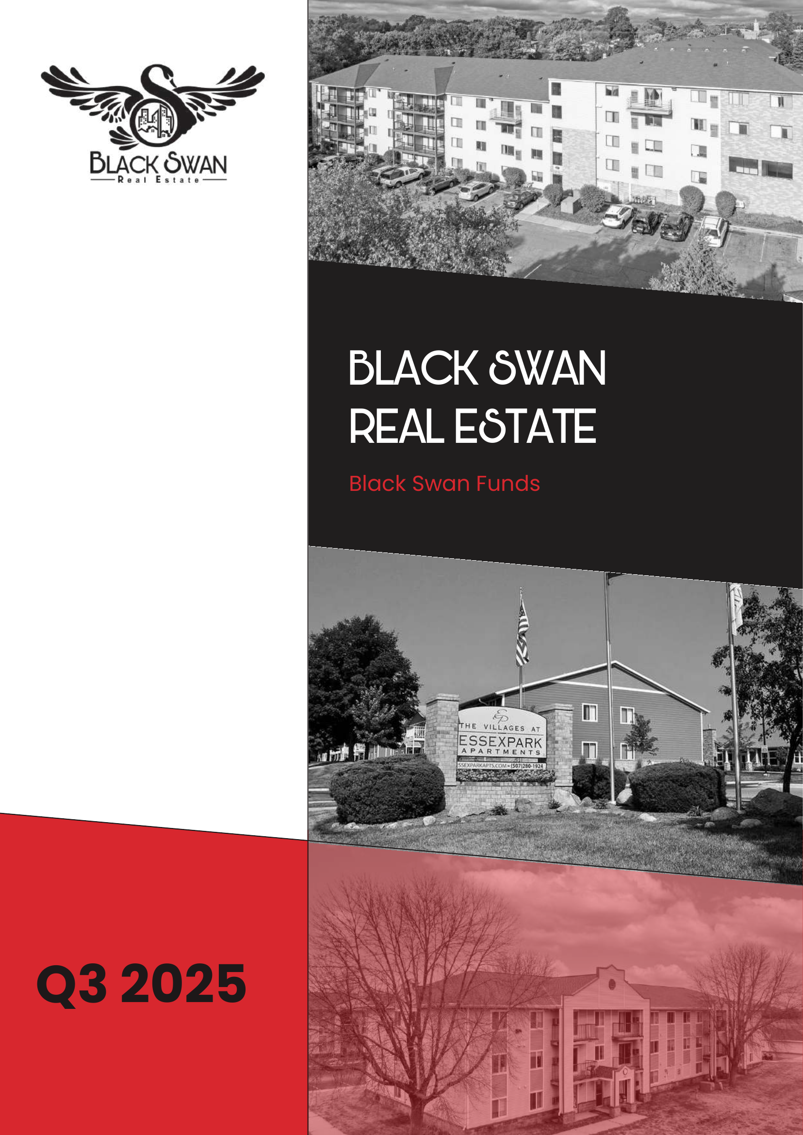 Cover page for Black Swan Real Estate Q3 2025 report featuring a logo of a black swan with cityscape in the background, a grayscale photo of an apartment complex, a sign for Essex Park Apartments, and a red overlay with the date Q3 2025.