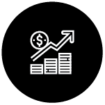 Icon of a bar chart with an upward trending arrow, a dollar sign, and stacked bars