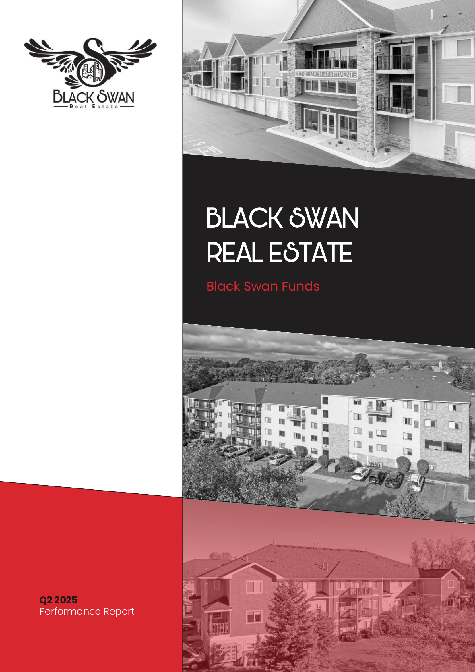 Quarter 2 2025 performance report cover page for Black Swan Real Estate featuring black and white and color images of apartment buildings and homes.