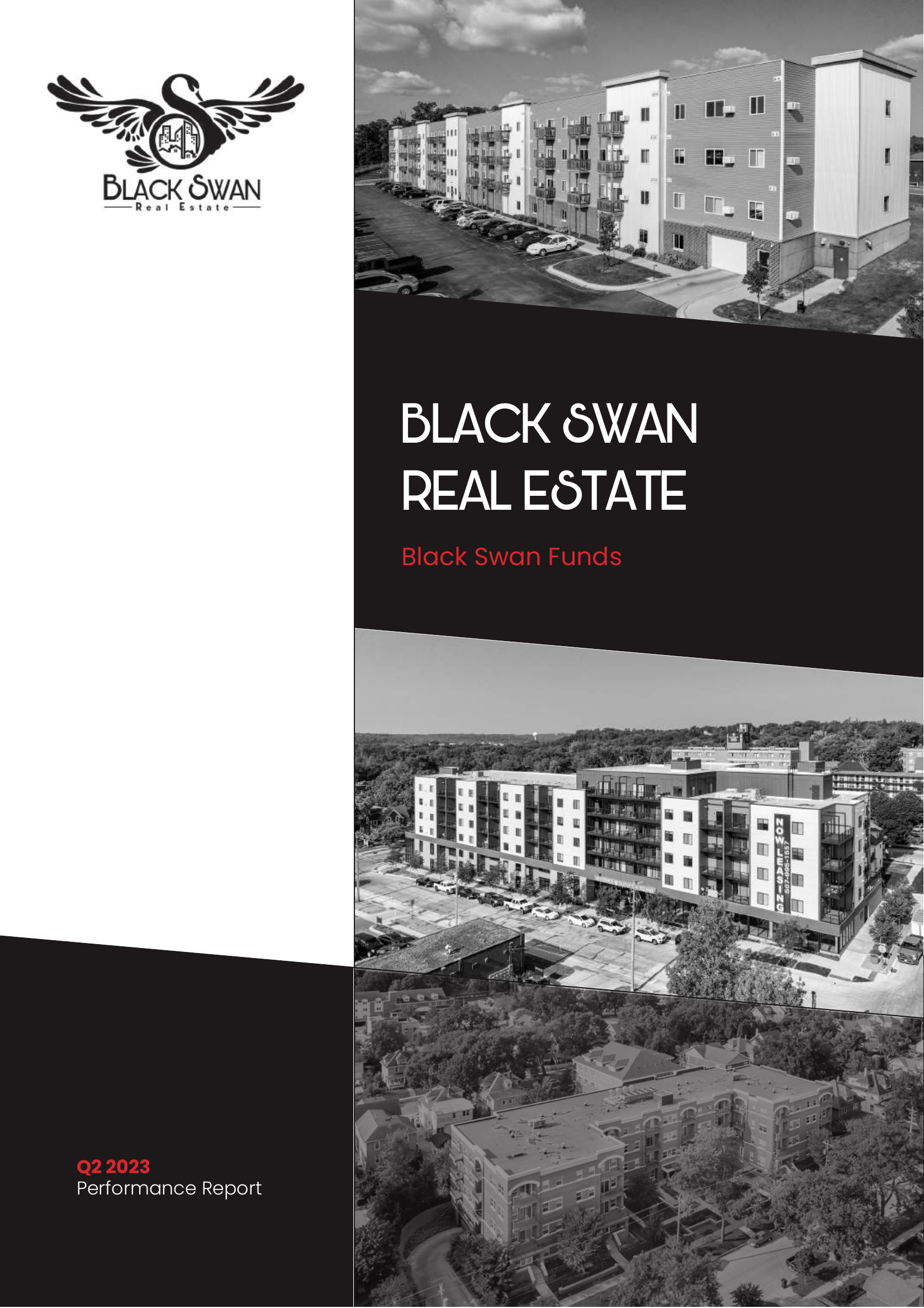 Cover page of a real estate performance report for Black Swan Funds, Q2 2023. The design features black and white photos of modern apartment buildings and a logo of a black swan with outstretched wings and a shield in the center.