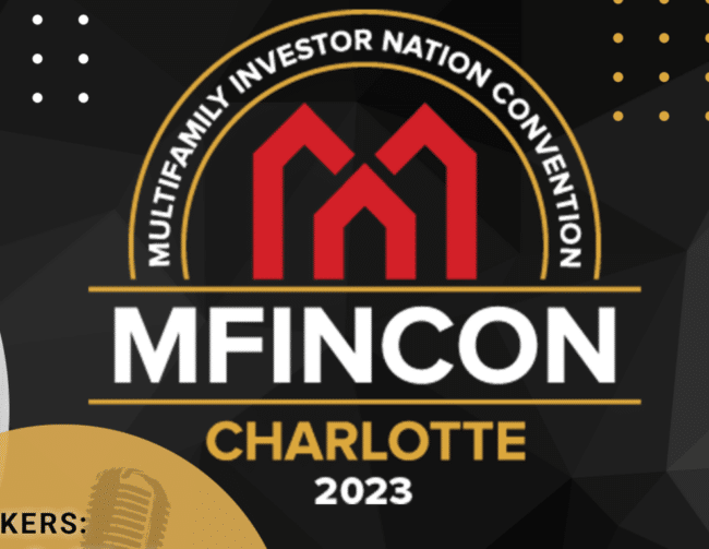 Logo for the MultiFamily Investor Nation Convention (MFINCON) held in Charlotte in 2023, featuring a red stylized house symbol and gold accents.