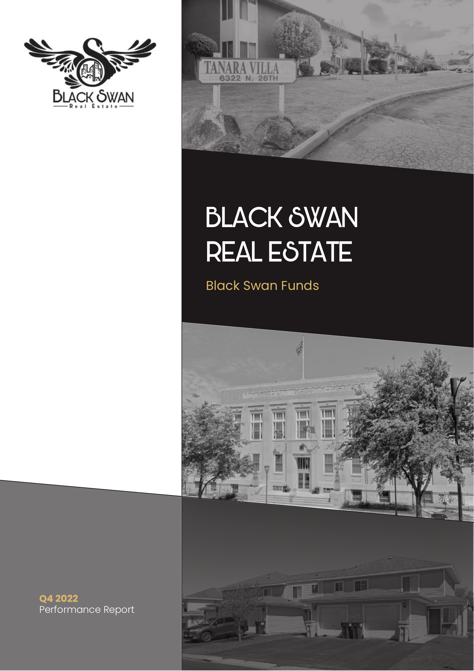 Black Swan Real Estate logo featuring a black swan with wings spreading out and a city skyline icon within the body. A neighborhood scene showing a street with residential buildings, neatly trimmed trees, and a sign reading TANARA VILLA 6322 N. 26th. A building with a sign that has the text "TALENT PROCUREMENT." A front view of a brick apartment complex with trees, lampposts, and parked cars in the foreground.
