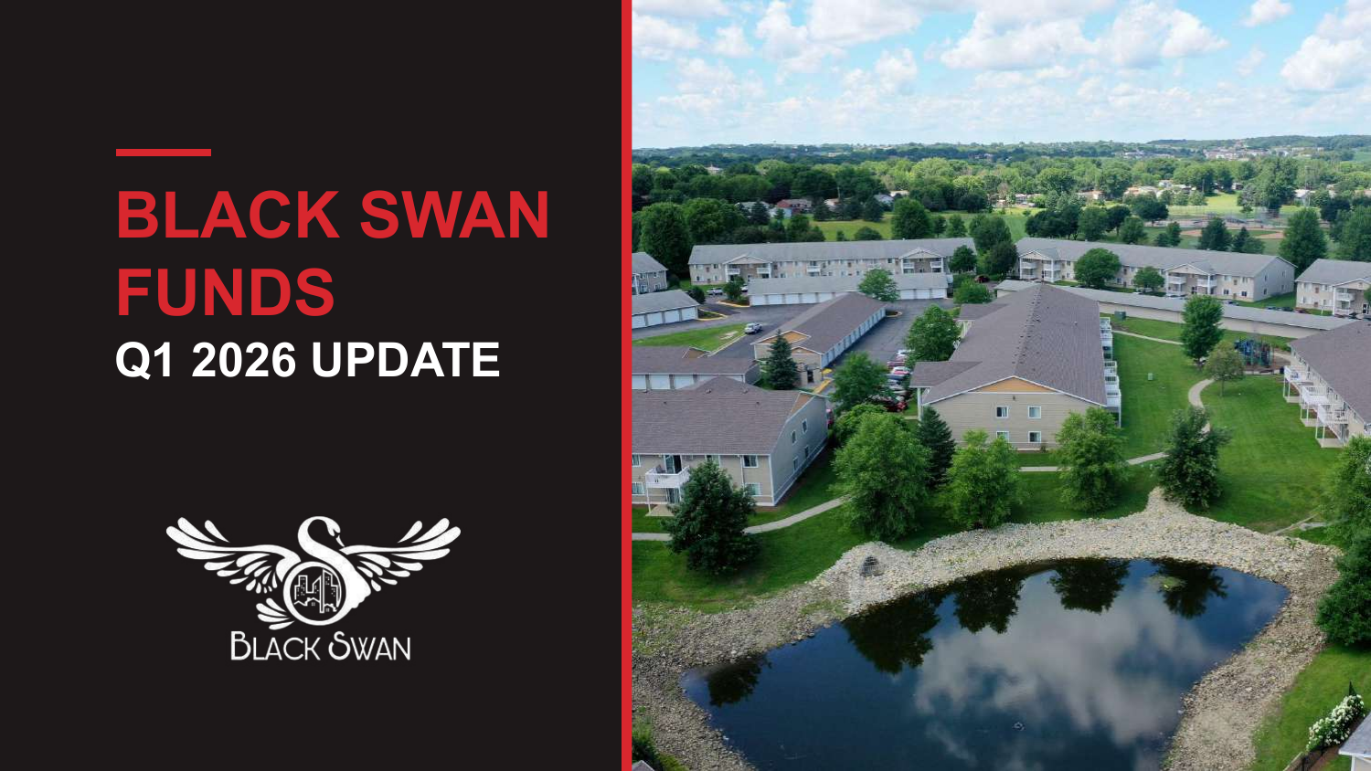Cover page of a financial report titled 'Black Swan Funds Q1 2026 Update' with a logo of a swan and cityscape, and an aerial view of a residential area with apartment buildings, trees, and a small pond.