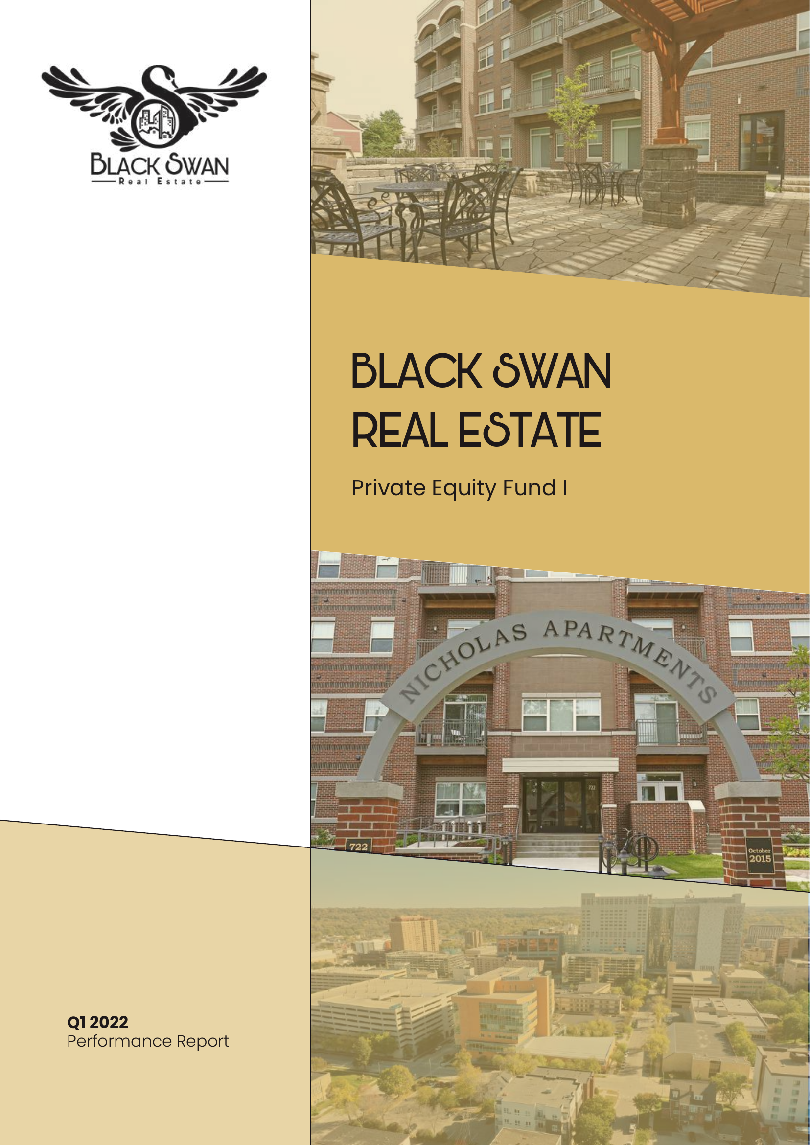 A cover page of a real estate performance report for Black Swan Real Estate, featuring a logo of a black swan with wings spread, and a photo of an outdoor seating area with tables and chairs near apartment buildings. The report is for Q1 2022.