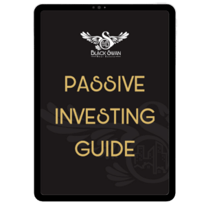 Cover of a guide titled 'Passive Investing Guide' by Black Swan, featuring a black background and gold text.