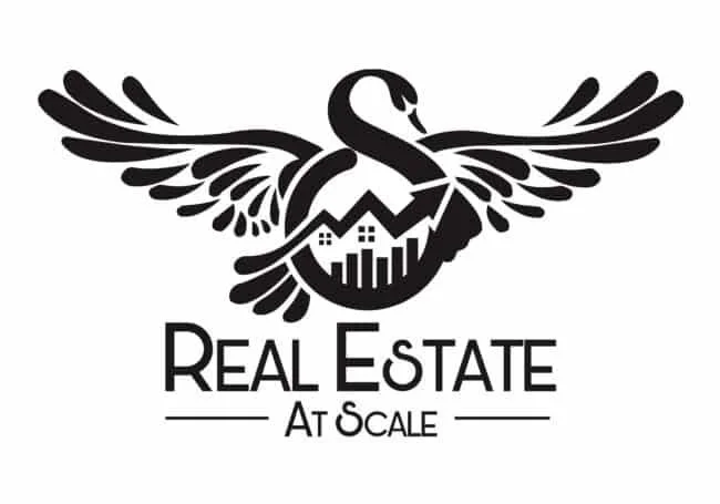 A black and white logo featuring a bird with outstretched wings, a house, and bar graph inside its body, with the text 'Real Estate at Scale' below.