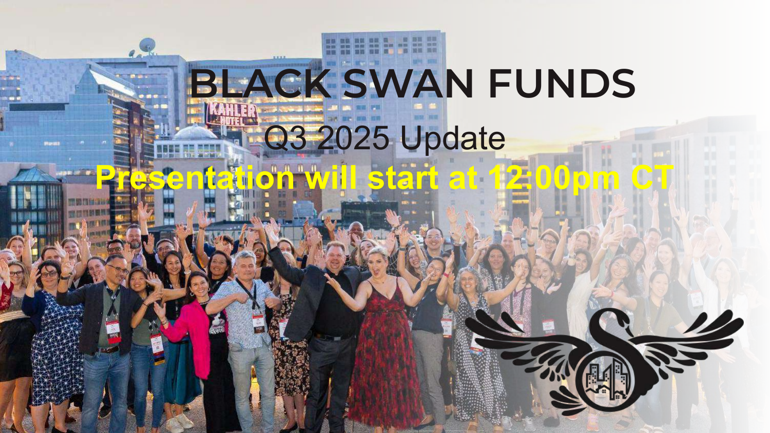 Group of diverse people celebrating outdoors in front of cityscape at sunset, with overlay text for Black Swan Funds Q3 2025 update, starting at 12:00pm CT.