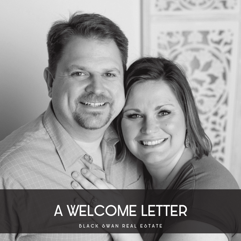 Black and white photo of a smiling couple embracing, with a decorative background. Overlay text reads 'A Welcome Letter, Black Swan Real Estate.'
