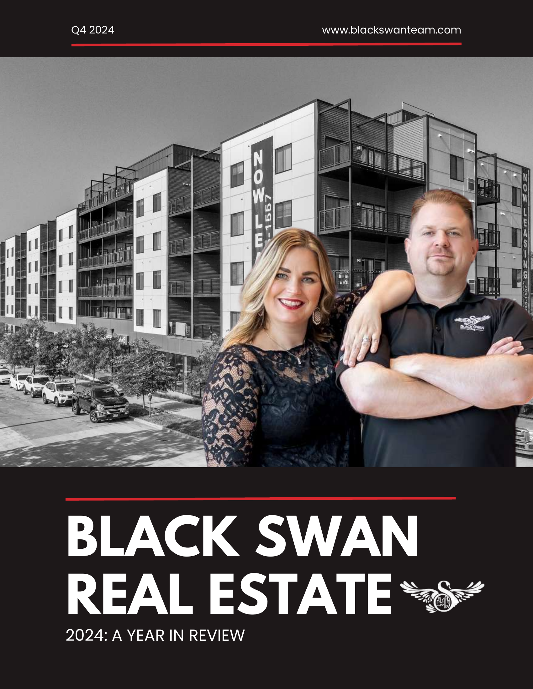 The image features a black and white photograph of an apartment complex with balconies, along with a parking lot filled with cars in the foreground. Overlaid on the photograph is a black banner with the website URL 'www.blackswanteam.com,' the text 'Q4 2024,' and the headline 'BLACK SWAN REAL ESTATE' with a smaller subtitle '2024: A YEAR IN REVIEW.' There are two people, a woman and a man, standing in front of the photograph, smiling and posing for the photo.
