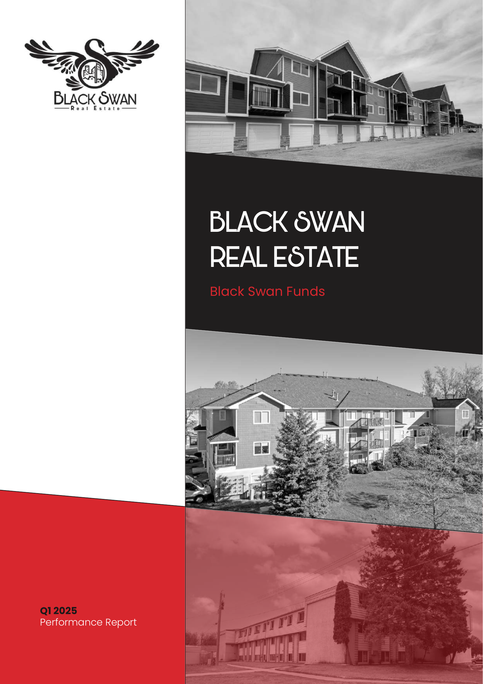 Cover page of a performance report featuring black and white photos of residential buildings, with the title 'Black Swan Real Estate' and the subtitle 'Q1 2025 Performance Report'.