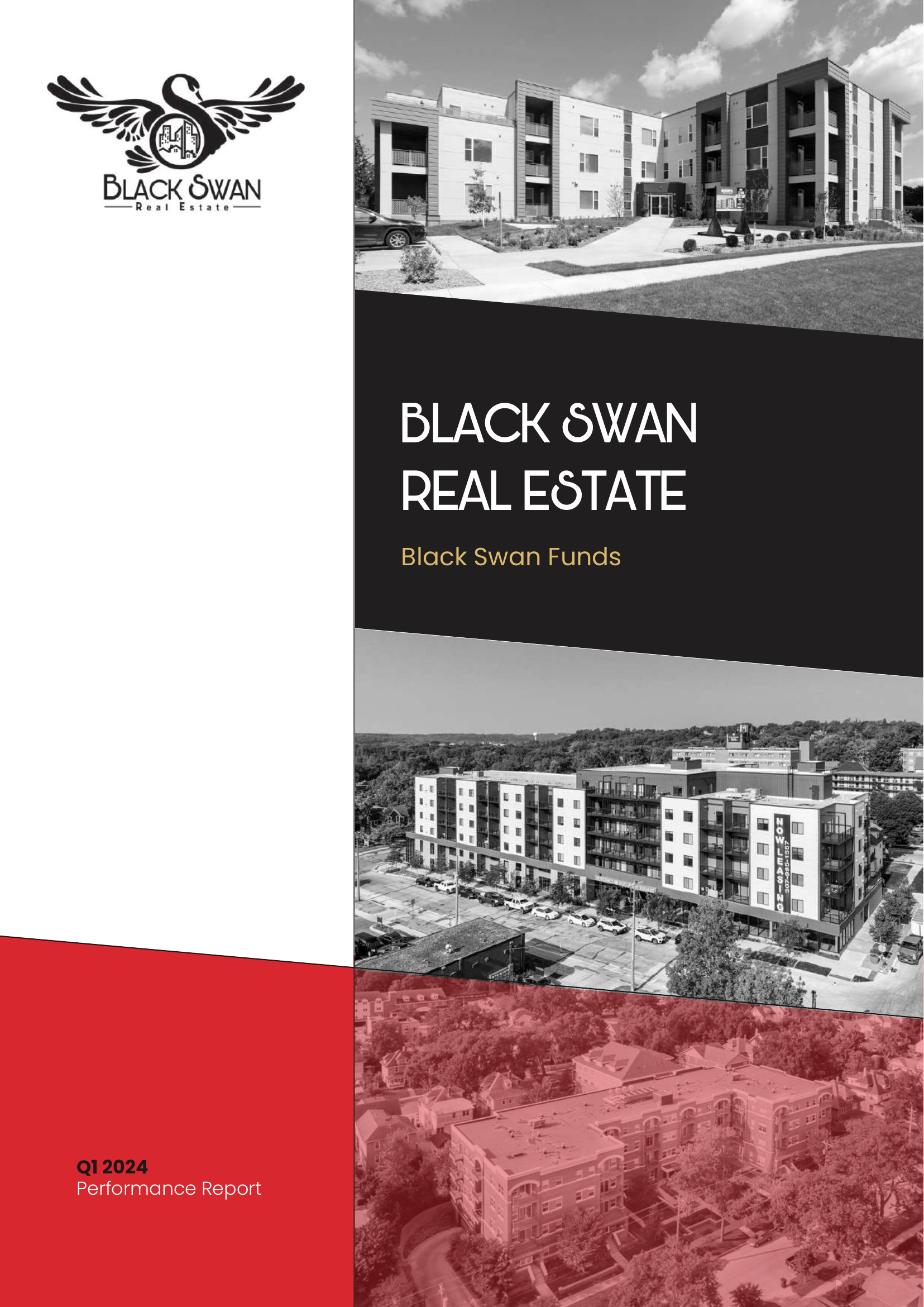Cover page of Black Swan Real Estate Q1 2024 Performance Report featuring black and white photos of residential buildings and the Black Swan logo with a swan icon.