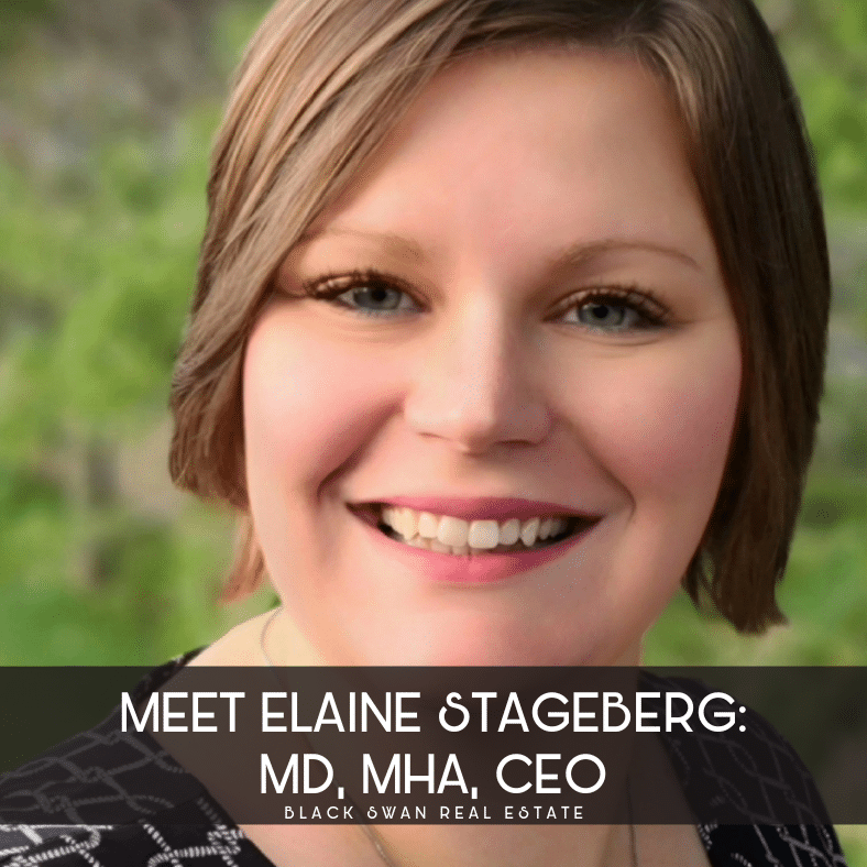 Close-up of a smiling woman with short brown hair, outdoors, with a blurred green background, overlay text introducing Elaine Stageberg, MD, MHA, CEO of Black Swan Real Estate.