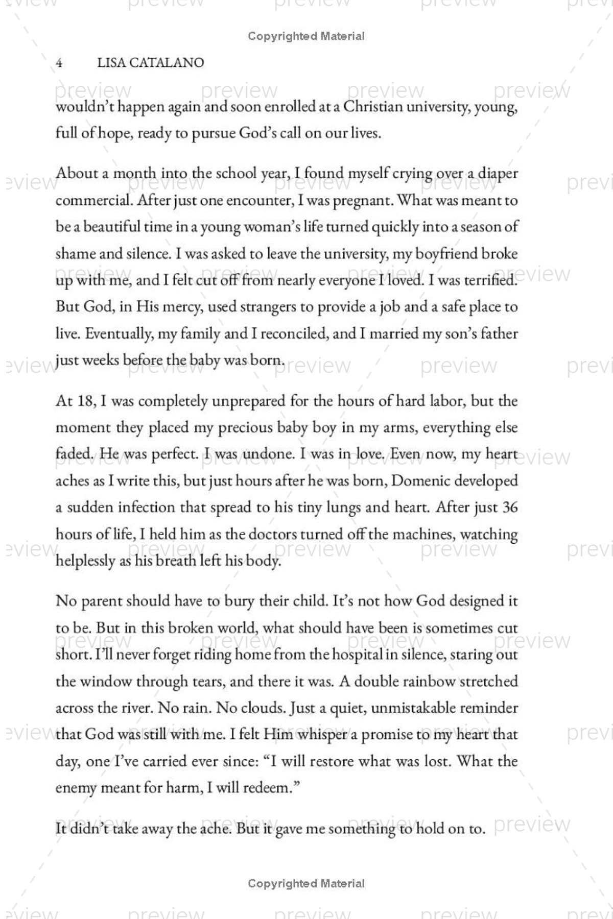 Sample page from Chapter One of Right Where You Are by Lisa Catalano sharing a personal story of faith, loss, and God's faithfulness.
