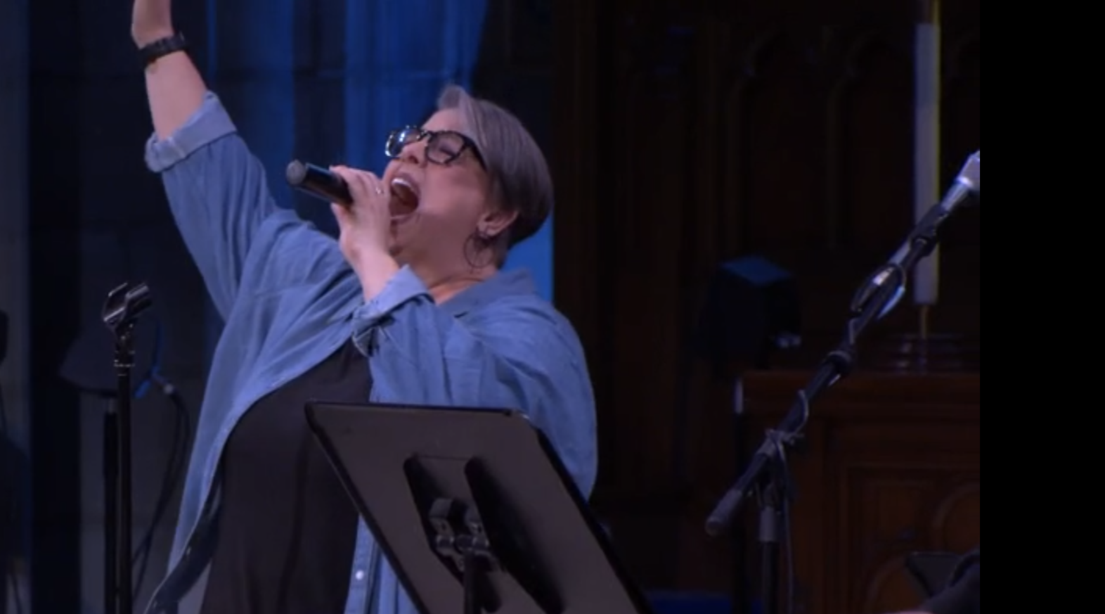 Lisa Catalano singing passionately into a microphone on stage, wearing glasses and a denim shirt, with her arm raised.