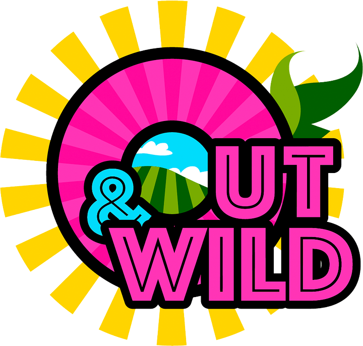 Colorful logo with the words 'Out & Wild' in pink, surrounded by yellow sun rays, green leaves, and a landscape with blue sky, white clouds, and green hills inside the letter 'O'.