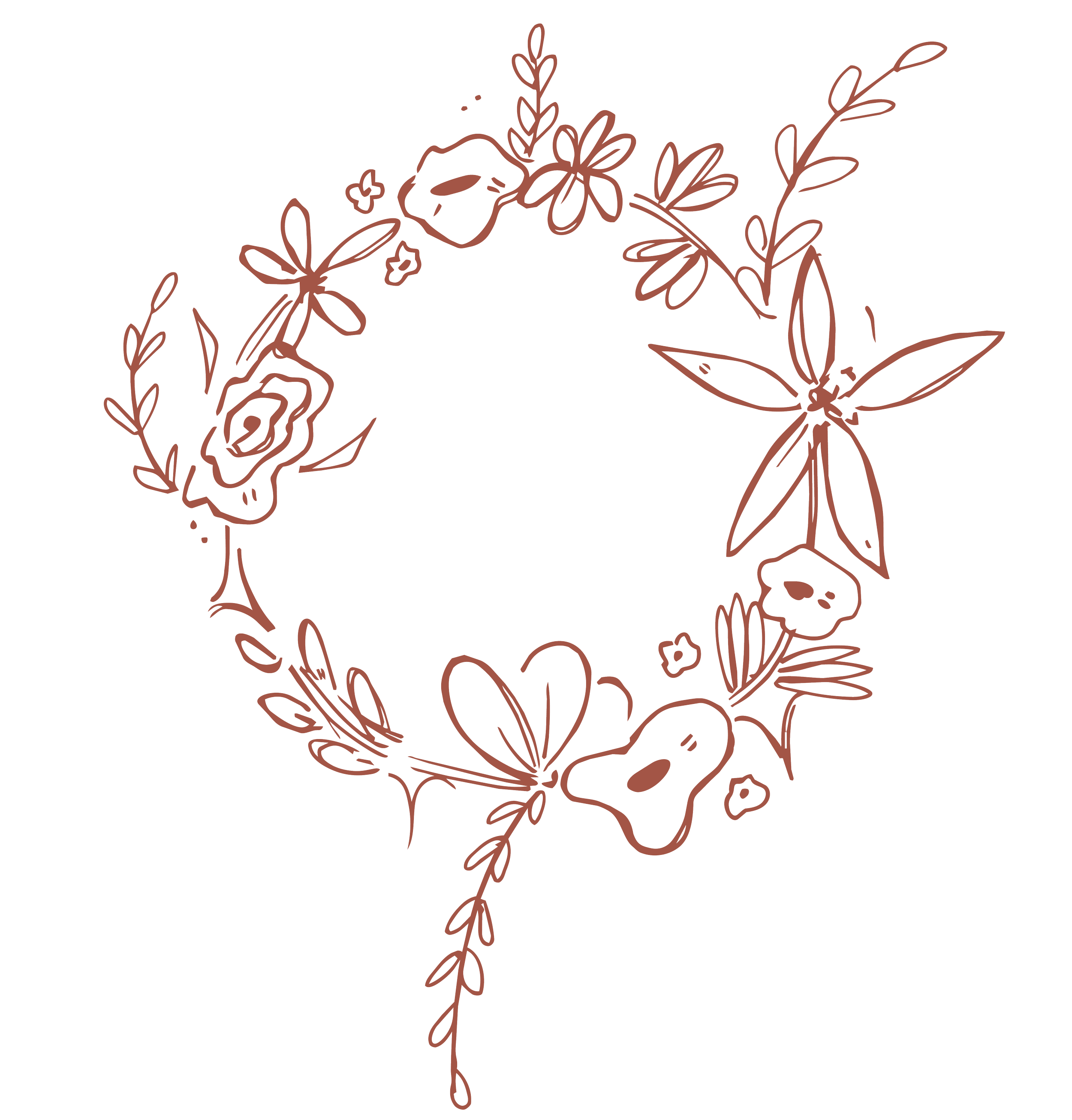 A minimalistic line drawing of a floral wreath with a bow, featuring various flowers and leaves arranged in a circular pattern.