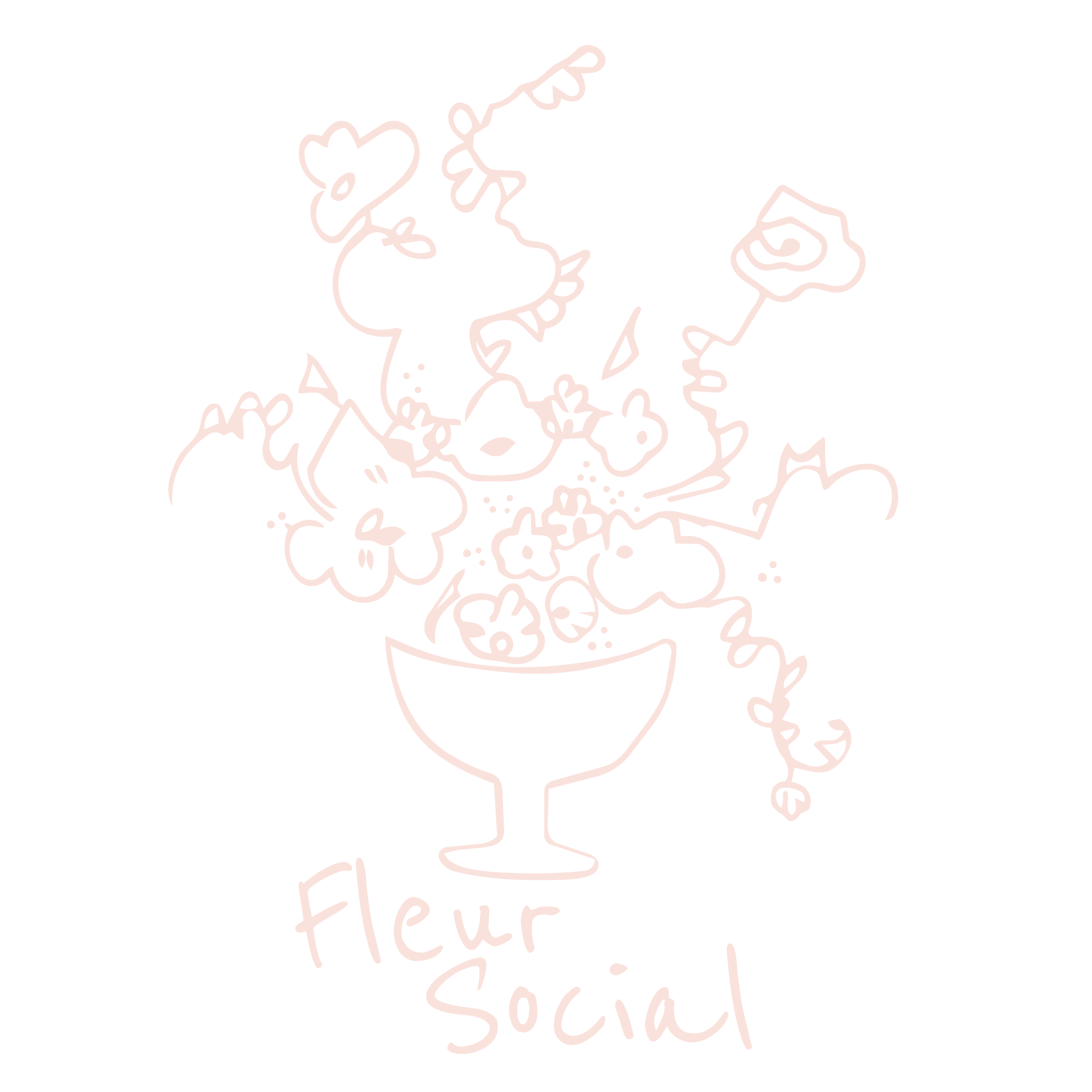 A decorative outline drawing of a cocktail glass filled with a drink, with a lemon slice and a cherry garnish, and the word 'Fleur' written in cursive below.