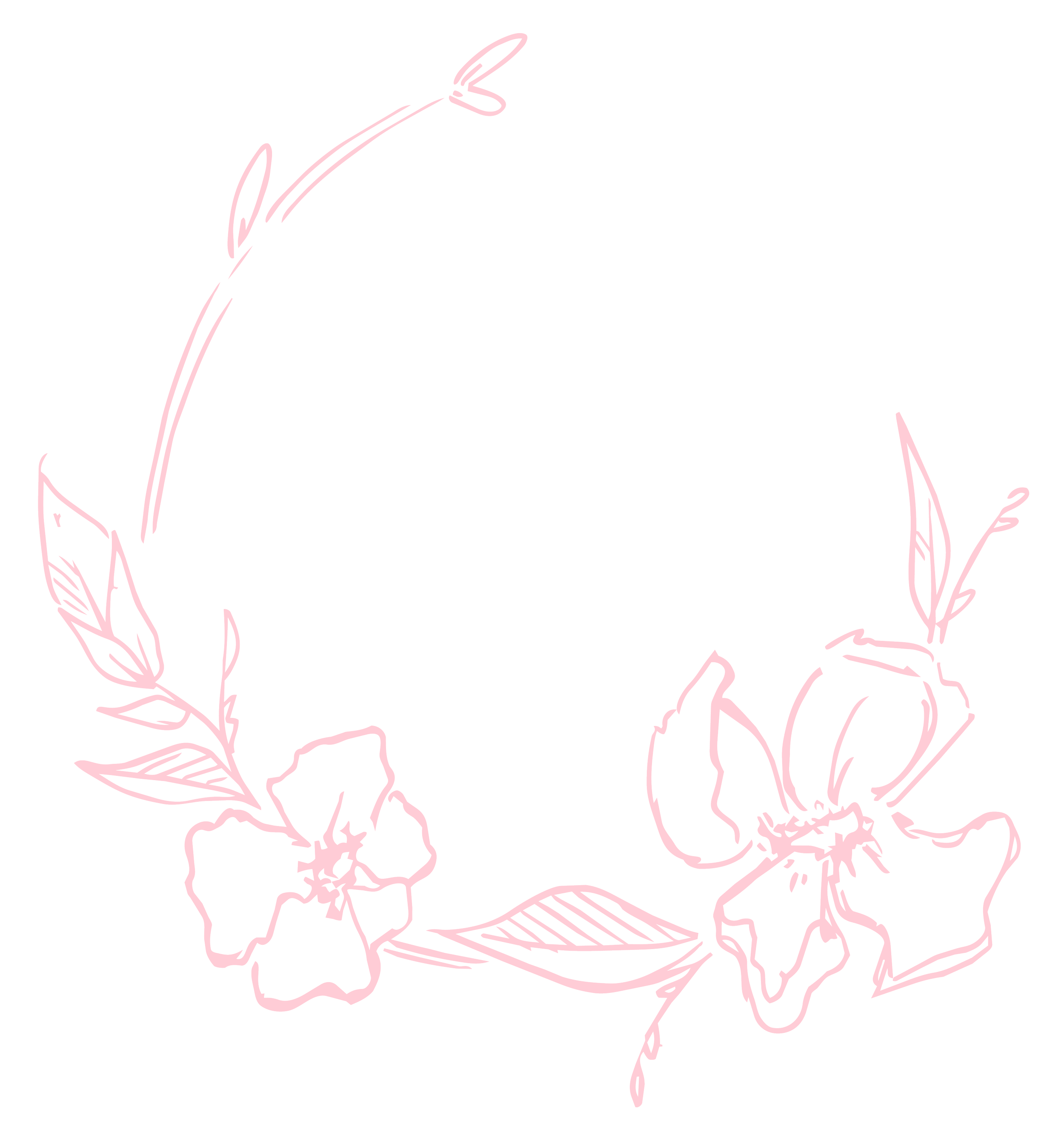Outline drawing of various flowers and leaves in soft pink color on a black background.
